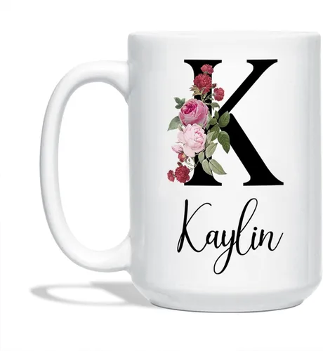 Miniatura 11 de Tazas de café blancas personalizadas con nombre, taza con nombre personalizado con inicial, taza de cerámica floral personalizada, regalo