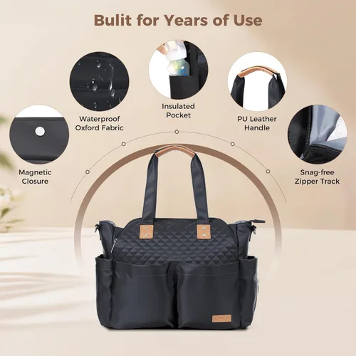Miniatura 5 de Lekebaby Bolsa de pañales – 17 bolsillos grande para pañales de viaje impermeable con cambiador portátil, bolsa de hospital cruzada para mamá