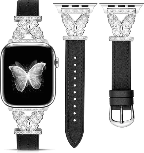 JR.DM Correas de cuero para reloj para mujeres compatibles con Apple Watch 38mm 40mm 41mm 42mm (S10) con conector de mariposa brillante plateado,