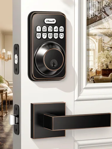 Zowill|Juego de cerradura electrónica de puerta de entrada sin llave con 2 manijas, con teclado, bloqueo automático, contraseña antimiradas/código