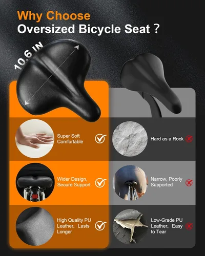 Miniatura 6 de Asiento de bicicleta de gran tamaño, cómodo cojín de asiento de bicicleta con diseño ergonómico, impermeable, transpirable, asiento de bicicleta