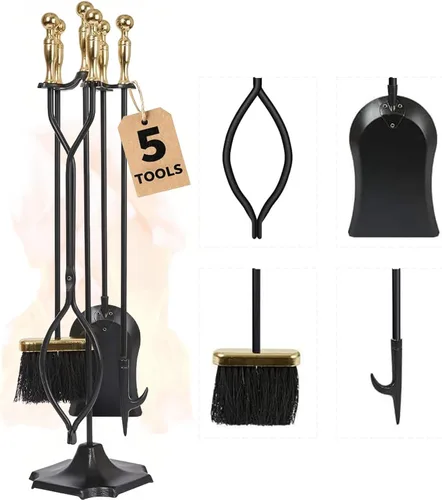 Juego de herramientas para chimenea de AMAGABELI GARDEN & HOME, 5 piezas, mango dorado, de hierro forjado, con soporte, incluye pinzas, pala,