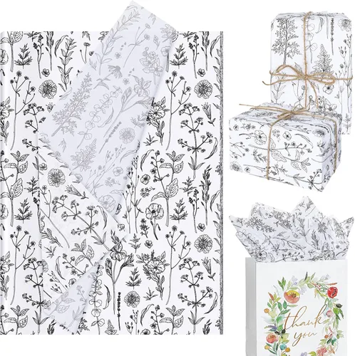 AnyDesign 100 hojas de papel de seda vintage de flores silvestres en blanco y negro, papel de seda decorativo botánico para envolver regalos,
