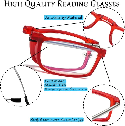 Miniatura 2 de Viseng Gafas de lectura plegables con luz anti-azul para hombres y mujeres con varilla telescópica portátil moda ultra ligera funda de cuero +3.5