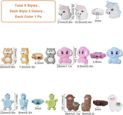 Miniatura 2 de SUNNYCLUE 1 caja de 10 cuentas de silicona con formas de animales, tortuga, cuentas sueltas de silicona para hacer joyas, llavero de oveja, cordón