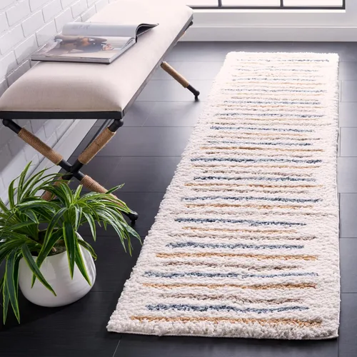 SAFAVIEH Calico Shag Collection - Alfombra para pasillo, 2 pies 2 pulgadas x 8 pies, color marfil y dorado, diseño a rayas, no desprende pelusa y de