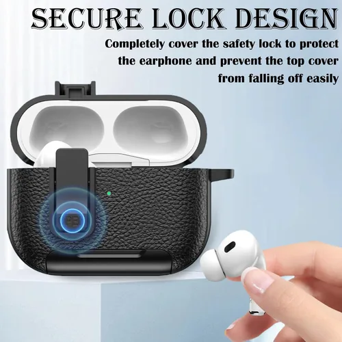Miniatura 4 de Funda de cuero con clip de bloqueo para AirPods Pro 2ª/1ª con mosquetón, soporte de carga inalámbrica con soporte, cubierta de protección resistente