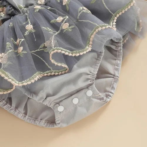 Miniatura 8 de Comoraecos Vestido mameluco de encaje floral para bebé, vestido de princesa con bordado de tutú y mangas para atar, sin espalda, vestido de princesa