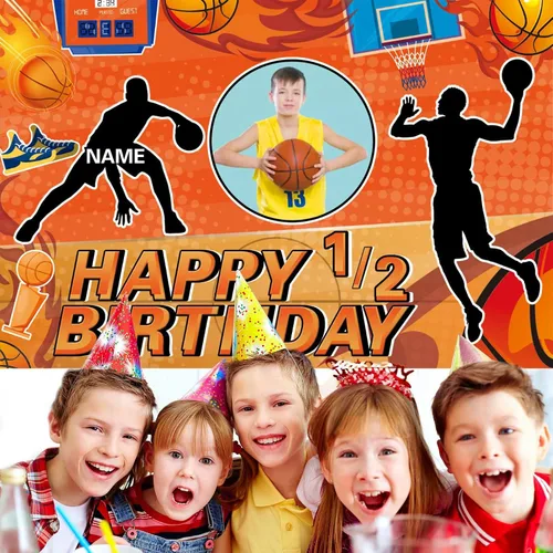 Miniatura 7 de Cartel personalizado de decoración de fiesta de cumpleaños de medio año, tema de baloncesto personalizado, fondo de deportes de baloncesto de feliz