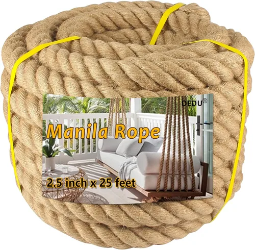 Miniatura 12 de Cuerda de Manila de 2 pulgadas x 50 pies, cuerda de cáñamo gruesa de 4 hebras trenzadas, cáñamo natural para manualidades de servicio pesado