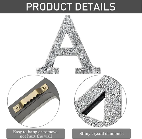 Miniatura 3 de Qunclay Letras brillantes de cristal plateado de 5.7 pulgadas, decoración de diamantes triturados, letra de madera con purpurina con tornillo
