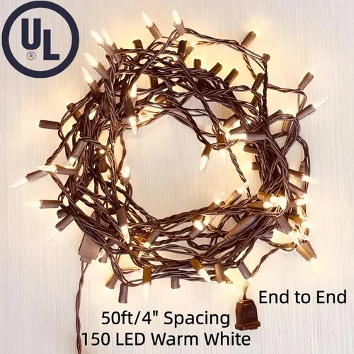 Miniatura 4 de LUCKY SHINE 150 luces LED de Navidad de color blanco cálido, cadena de iluminación decorativa de grado comercial, cable marrón, 50 pies