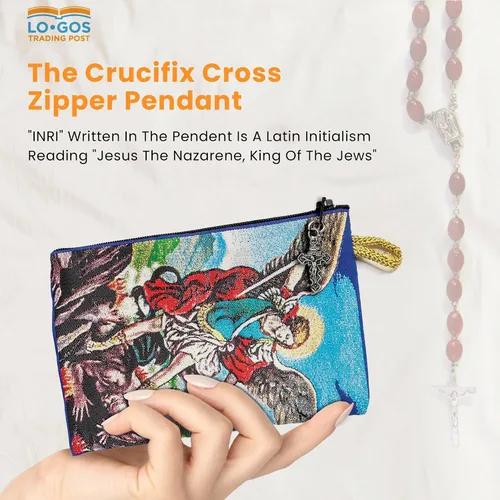 Miniatura 3 de Bolsa de rosario católico Pequeño Arcángel Miguel y San Miguel Rosario de la Tierra Santa Monedas, joyas y rosario con cremallera colgante de cruz
