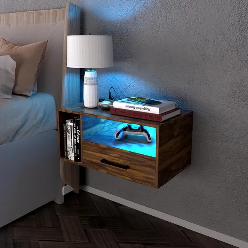 Miniatura 8 de Mesita de noche flotante con estación de carga y tiras de luz LED, mesita de noche de 21.3 pulgadas con cajones, mesita de noche flotante