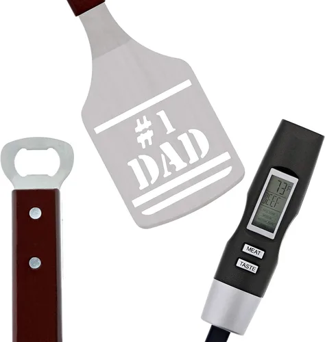 Miniatura 5 de Panoware Juego de herramientas para parrilla de barbacoa para papá, juego de 4 piezas, pinzas número 1 para papá, espátula, termómetro digital