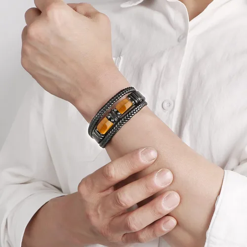 Miniatura 4 de Pulseras de cuero trenzado negro con ojo de tigre para hombre, hijo, nieto, novio, papá, marido, regalos para hombres, Navidad, cumpleaños, día