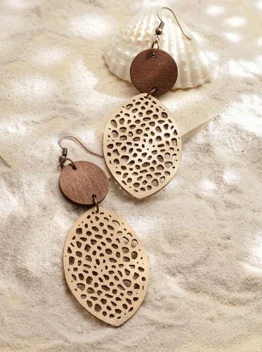 Miniatura 3 de MINACHI Bohemian Hollow Cut-Out Wood Leather Dangle Drop Earrings, Boho Chic Hippie Statement Jewelry Gift for Women