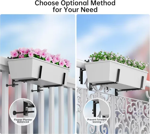 Miniatura 6 de Y&M Soportes de caja de ventana, de hierro resistente, ajustables, para barandillas, perfectos para balcones, vallas y jardines (4 unidades)