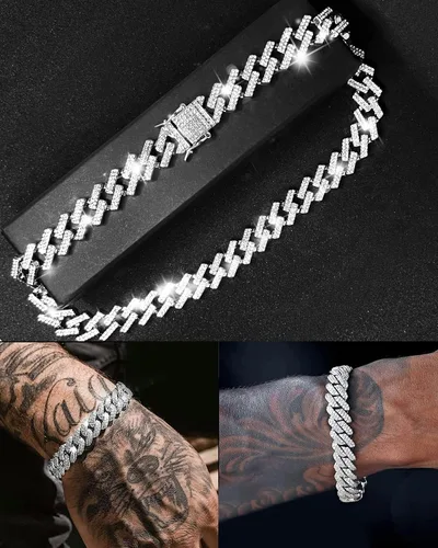 Miniatura 4 de 2 collares cubanos de cadena cubana de 0.59 pulgadas (0.591 in), pulsera cubana de plata con purpurina de diamantes de rap hip-hop, collar