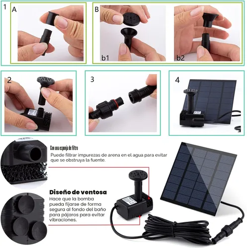 Miniatura 5 de Kit de bomba de fuente solar con panel solar separado, bomba de agua solar mejorada de 1.8 W con cable de 3 M de largo y 4 boquillas Fuente de agua