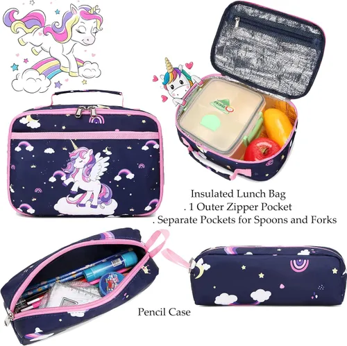 Miniatura 28 de Juego de mochila para niñas con diseño de unicornio, mochila escolar para niños, mochila para libros para niñas, set 3 en 1, regreso a clases