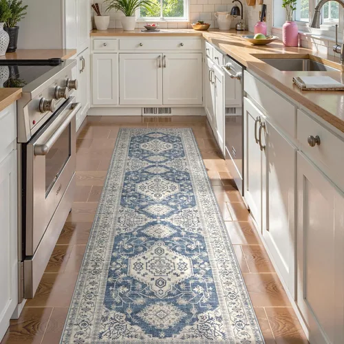 Miniatura 10 de Lahome Alfombra oriental lavable de área pequeña, 2 x 3 pies, para entrada, cocina, ultra fina, suave, tapete antideslizante para puerta de Azul