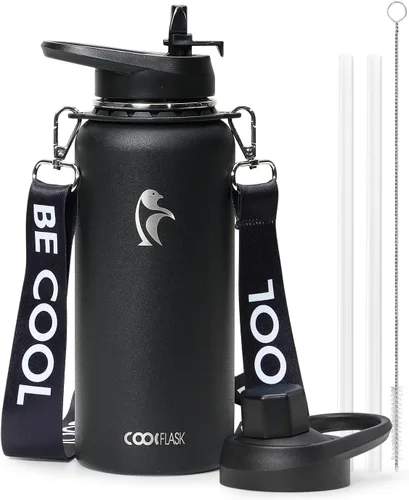 Miniatura 36 de Botella de agua Coolflask de 40 onzas con correa, botella de agua metálica aislada con popote y tapas con pico, acero inoxidable de doble pared al