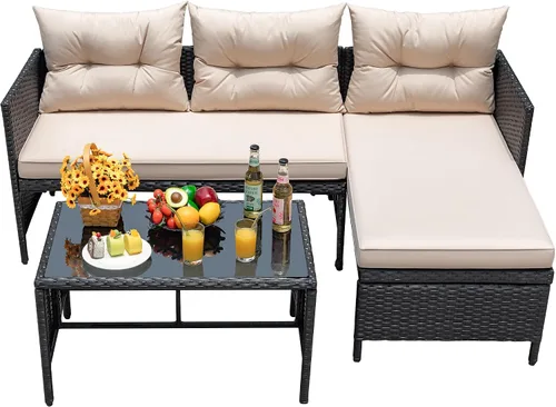 Miniatura 5 de Devoko - Juego de muebles de patio al aire libre, 3 piezas de sofá seccional de ratán impermeable para todo tipo de clima, sofá en forma de L