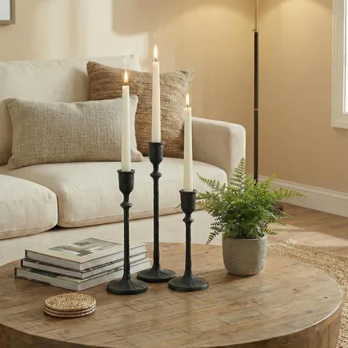 Miniatura 7 de BANOMII Juego de 3 candelabros antiguos, portavelas cónicos de hierro fundido para centro de mesa de comedor, decoración de mantel de chimenea, Negro