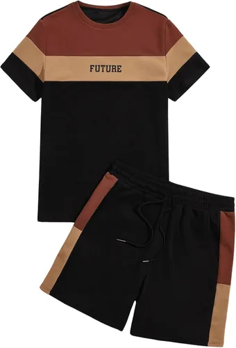 WDIRARA Conjunto de 2 piezas para hombre con estampado de letras y bloques de color y pantalones cortos con cordón