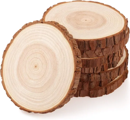 Fuyit Rebanadas de madera sin terminar para centros de mesa, 8 discos redondos de madera natural de 5.1 a 5.5 pulgadas con corteza para manualidades