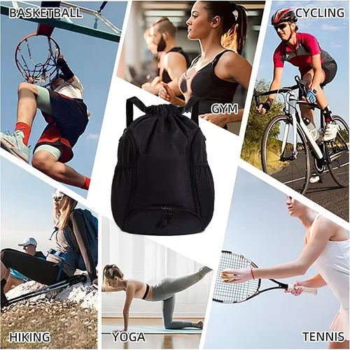 Miniatura 9 de Mochila deportiva con cordón, bolsa de gimnasio impermeable para mujeres y hombres, paquete de baloncesto con compartimento para zapatos, Negro