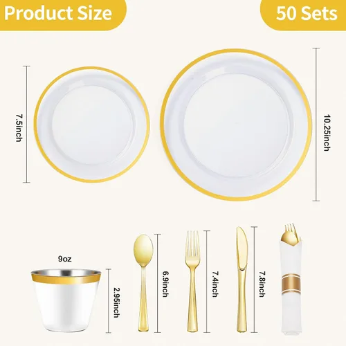 Miniatura 4 de Goodluck Juego de vajilla de plástico dorado de 350 piezas para fiestas, platos desechables transparentes para 50 invitados, incluye: 50 platos