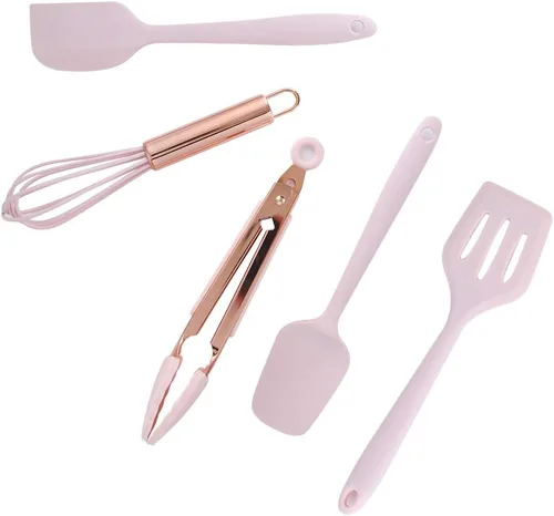 Miniatura 7 de Utensilios de cocina de silicona, 5 piezas, juego de utensilios de cocina, espátula, utensilios de cocina para niños, raspador de silicona, rosa