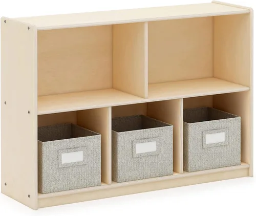 Guidecraft EdQ 5 compartimentos de almacenamiento 30 pulgadas natural con 3 contenedores de tela: estantería de madera para niños, organizador de