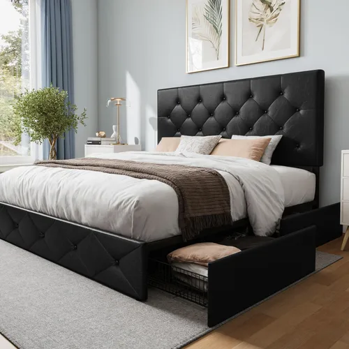 Miniatura 19 de WEEWAY Base de cama de plataforma tamaño Queen con 4 cajones de almacenamiento, cabecera capitonada con botones de puntada cuadrada, base de colchón
