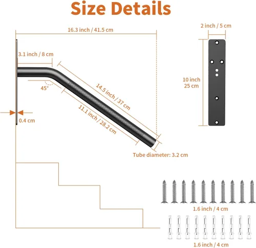Miniatura 2 de Munzong - Paquete de 2 pasamanos de escalera de 16 pulgadas para escalones de 1 a 3 escalones, barandilla de acero inoxidable negra para escaleras