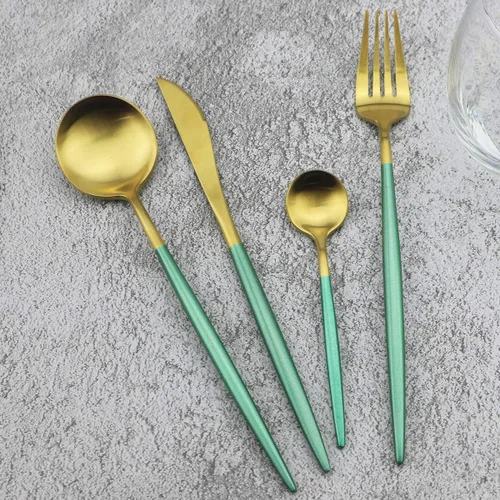 Miniatura 14 de Juego de cubiertos de oro mate, 5 piezas de acero inoxidable 18/10 con acabado satinado, servicio para 1, cuchara tenedor de cuchillo con pajitas