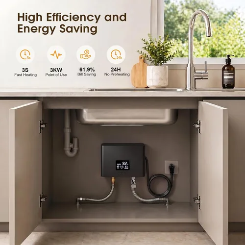 Miniatura 2 de Calentador de agua eléctrico sin tanque 3000 W 110 V Temperatura constante Calentador de agua caliente instantáneo con control remoto Pantalla Negro