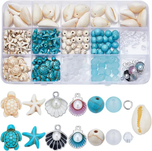 Miniatura 8 de SUNNYCLUE 1 Caja 540 piezas Kit de Cuentas Oceánicas Vidrio Verano Pez Estrella de Mar Dijes Azul Hawaii Animales Marinos Dije Cuentas de Semillas