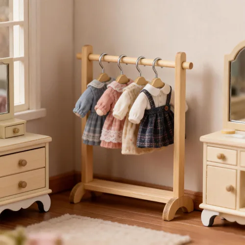 Miniatura 5 de TOYANDONA 10 perchas de madera para muñecas – Mini colgador de muñecas en miniatura para vestimenta para casas de muñecas, accesorios en miniatura