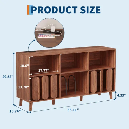Miniatura 4 de Soporte grande para tocadiscos, mesa de tocadiscos, soporte de almacenamiento de discos de vinilo, organizador de armarios con toma de corriente