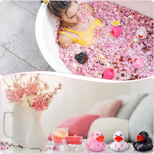 Miniatura 6 de Honoson 12 piezas de patos de goma con cinta rosa sobre el cáncer de mama, mini patos de goma para concientización sobre el cáncer de mama, regalos
