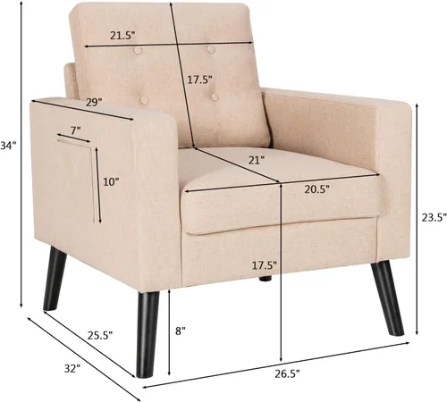 Miniatura 3 de Giantex Silla decorativa moderna, sillón tapizado de mediados de siglo con patas de madera de goma, tela de lino patentada, sofá individual
