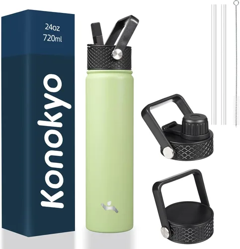 Miniatura 91 de Konokyo - Botella de agua aislada de 18 onzas, botellas deportivas de acero inoxidable con 3 tapas, verde militar