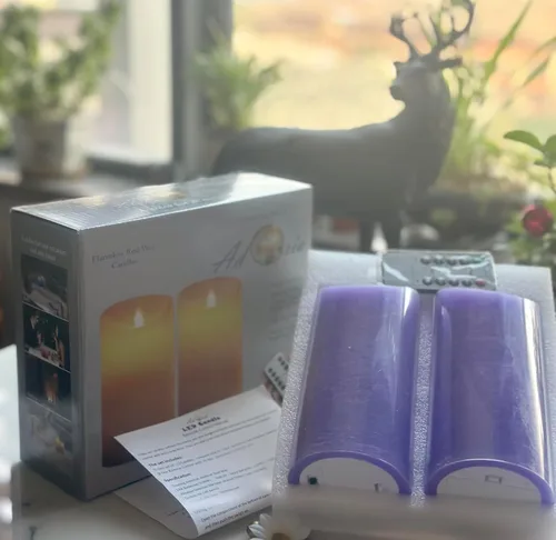 Miniatura 6 de adoria Juego de 2 velas grandes sin llama moradas, velas de pilar de cera real con aroma a lavanda realista, diámetro de 3.15 x 7 pulgadas, control
