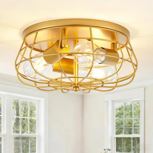 Miniatura 10 de VILUXY Lámpara de techo industrial negra semiempotrada de 3 luces rústicas con jaula de metal para cocina, sala de estar, comedor, dormitorio