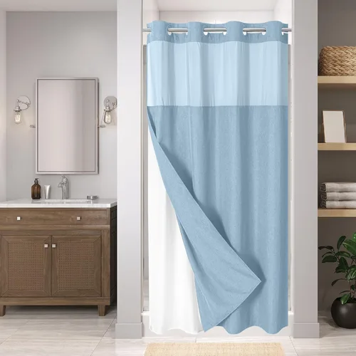 Miniatura 35 de eachope-Cortina de ducha de lino texturizado, forro de tela a presión, no necesita ganchos, ventana superior de malla, cal. hotelera de lujo, Crema