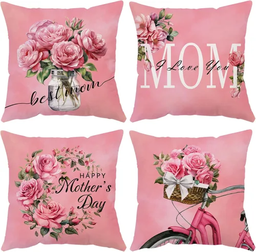 Juego de 4 fundas de almohada para el Día de la Madre de 26 x 26 pulgadas, fundas de almohada de terciopelo para mamá, fundas de cojín florales de