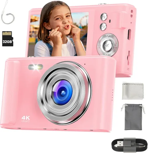 Cámara digital 4K para niños: cámara rosa de 48MP para fotografía de adolescentes - Regalos de cumpleaños de Navidad para niñas - Disparo de zoom